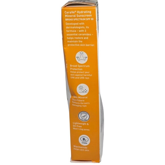 CeraVe Hydrating Mineral Sunscreen SPF 50 For Face 2.5 Fl Oz Broad Spectrum Ligh - Picture 8 of 9